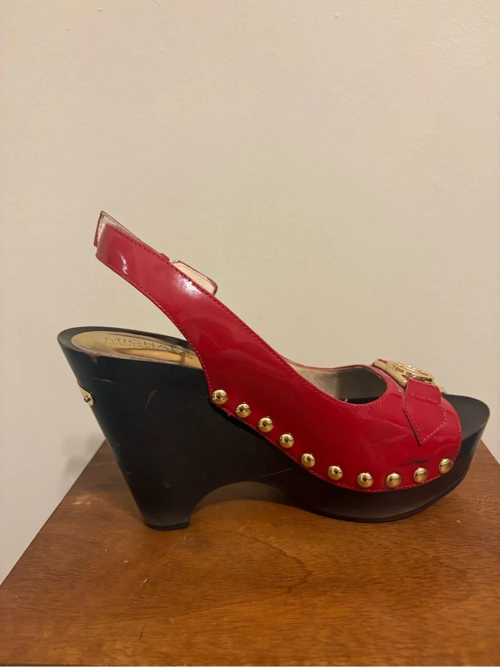 Michael Kors Red Patent Leather Platform Slingback Sandals with Gold MK Accent